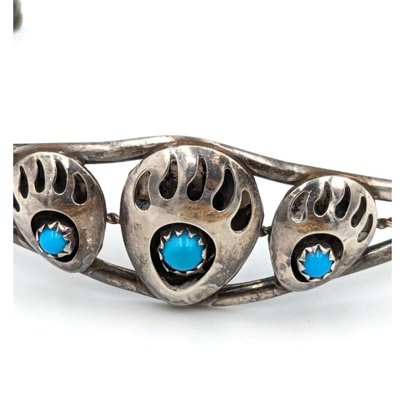 Vintage Navajo Native American Sterling Silver Turquoise Bear Claw Cuff Bracelet - Picture 3 of 14